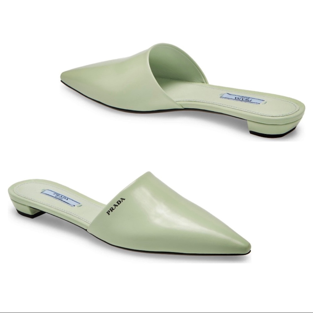 NEW Prada Logo Pointed Toe Mule Sandals size 38 Light Green